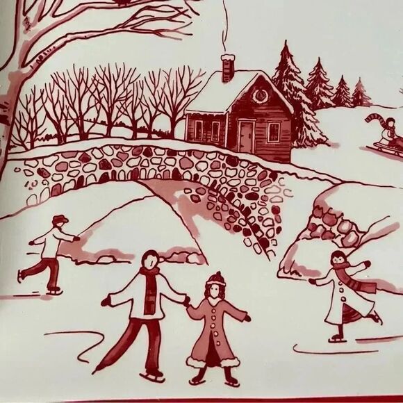 Toile De Jouy Winter Wonderland Red Ceramic for Santa's Cookie Platter - Picture 5 of 7